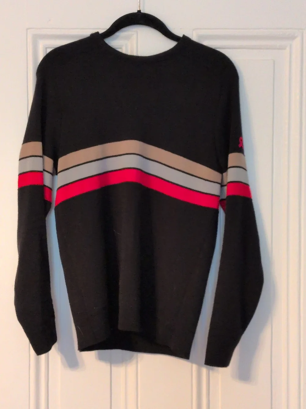 Men's Crewneck Ski Sweater in Black with Red, Tan and Gray Stripes Made USA